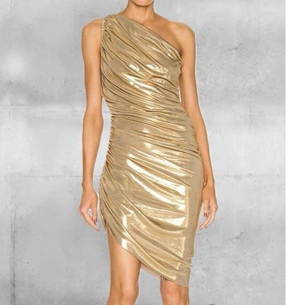 Norma Kamali Diana Mini Dress Size XL Gold One-Shoulder Bodycon Party Homecoming